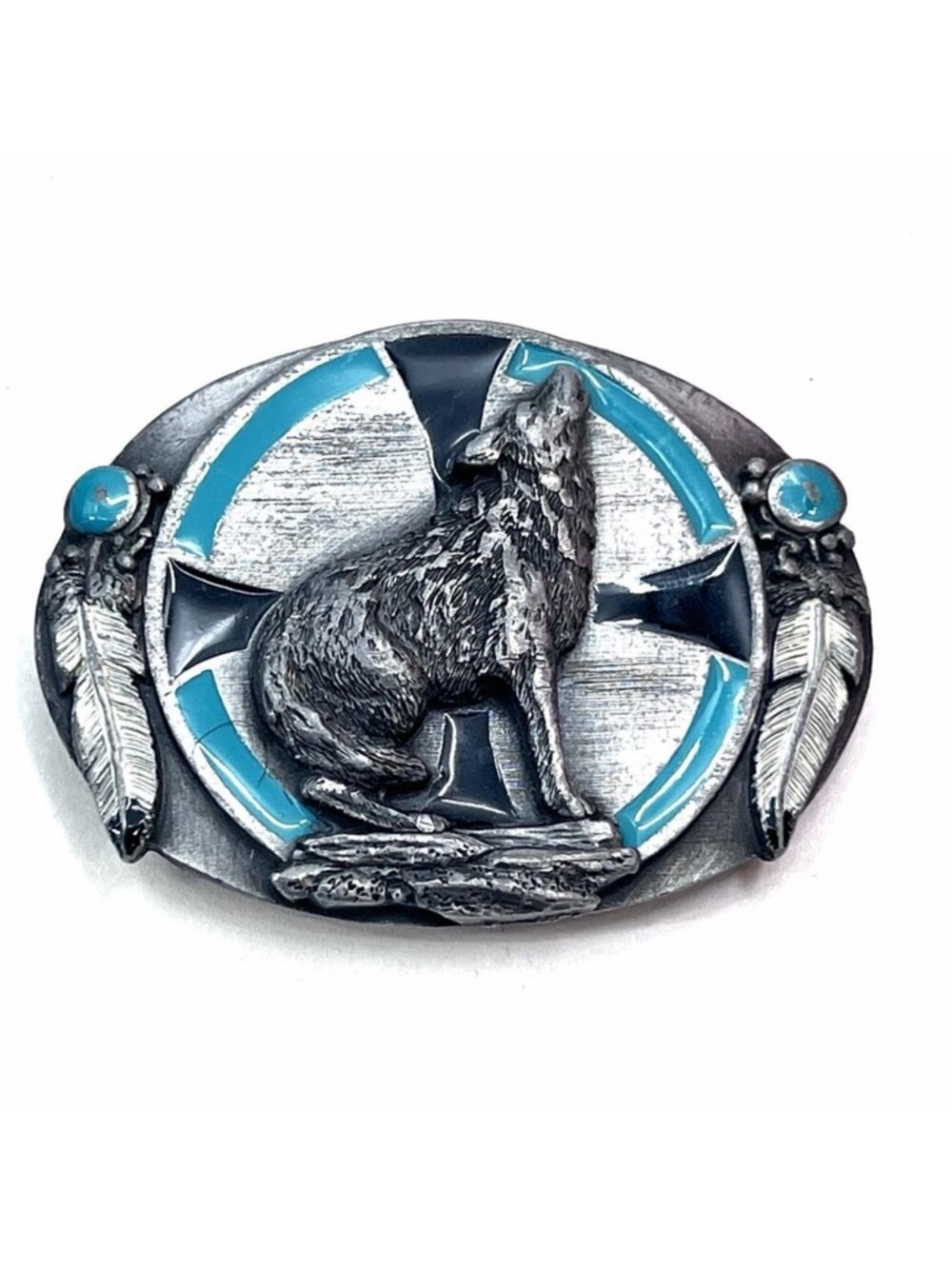 Siskiyou Belt Buckle Howling Wolf Metal & Turquoise Enamel Native American 1983
